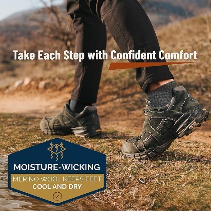 Person wearing hiking shoes on a trail with text about moisture-wicking and merino wool.