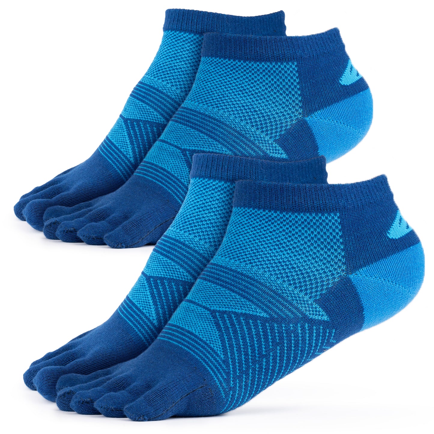 Two pairs of blue toe socks on a white background
