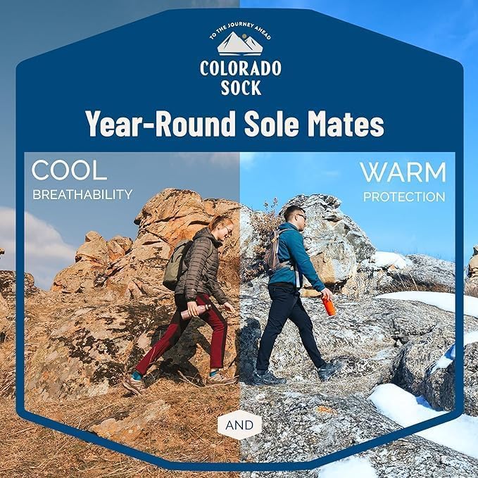 Two people hiking in different seasons with text about Colorado Sock's year-round versatility.