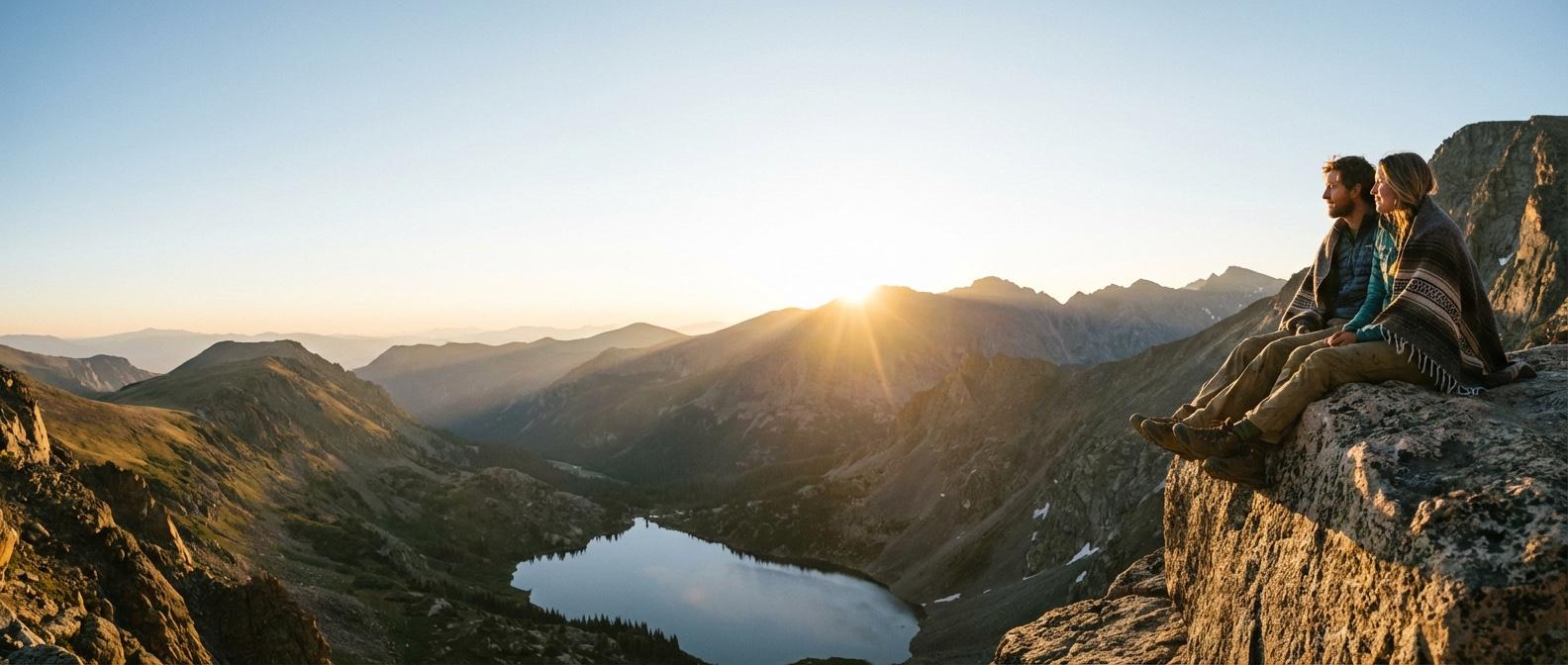 A couple wrapped in blankets on a rocky ledge, watching the sun rise over a mountain lake