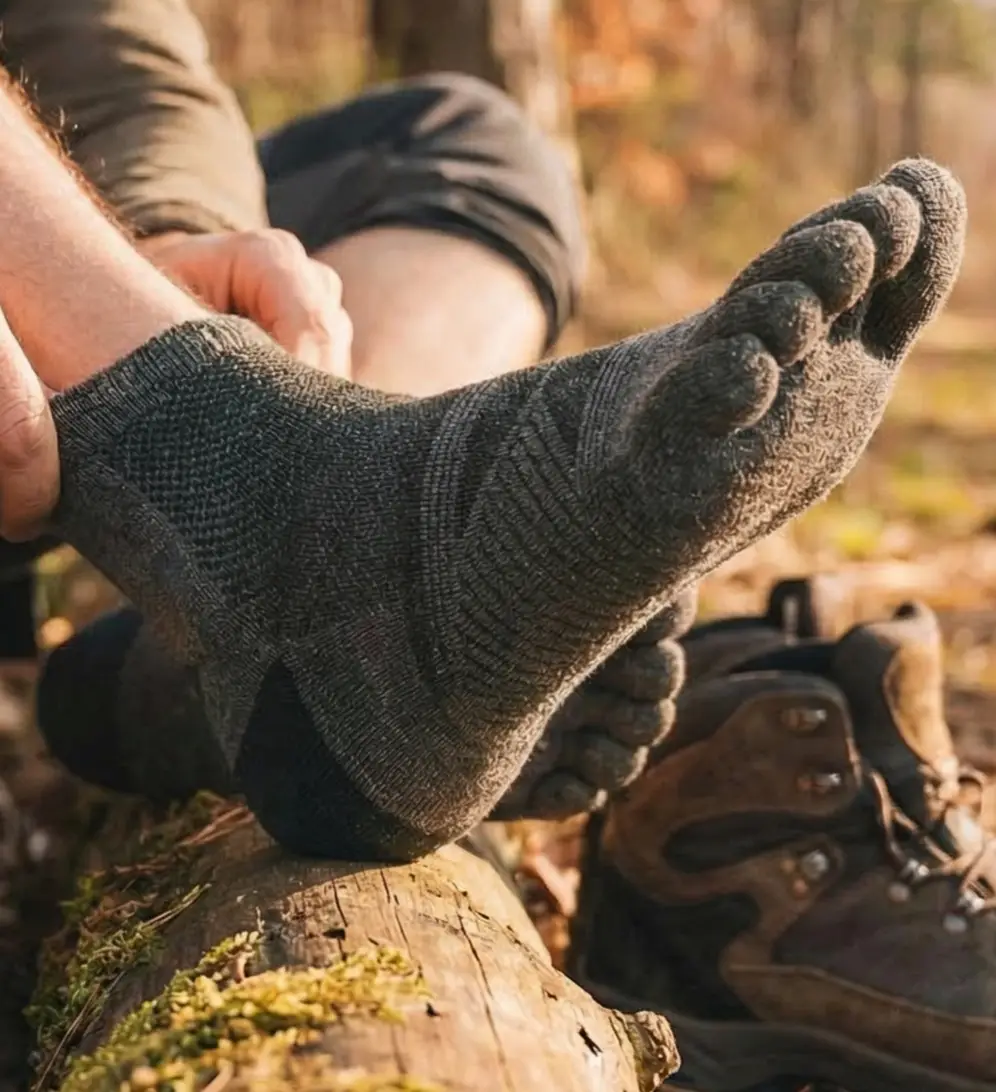Pulling a grey merino toe sock on beside hiking boots (Colorado Sock Co. on Amazon)