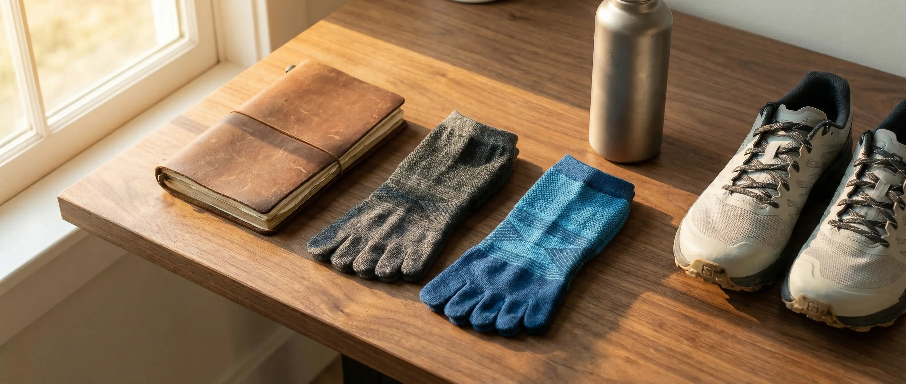 Grey and blue merino toe socks laid out on a wooden table with trail shoes (Colorado Sock Co. on Amazon)