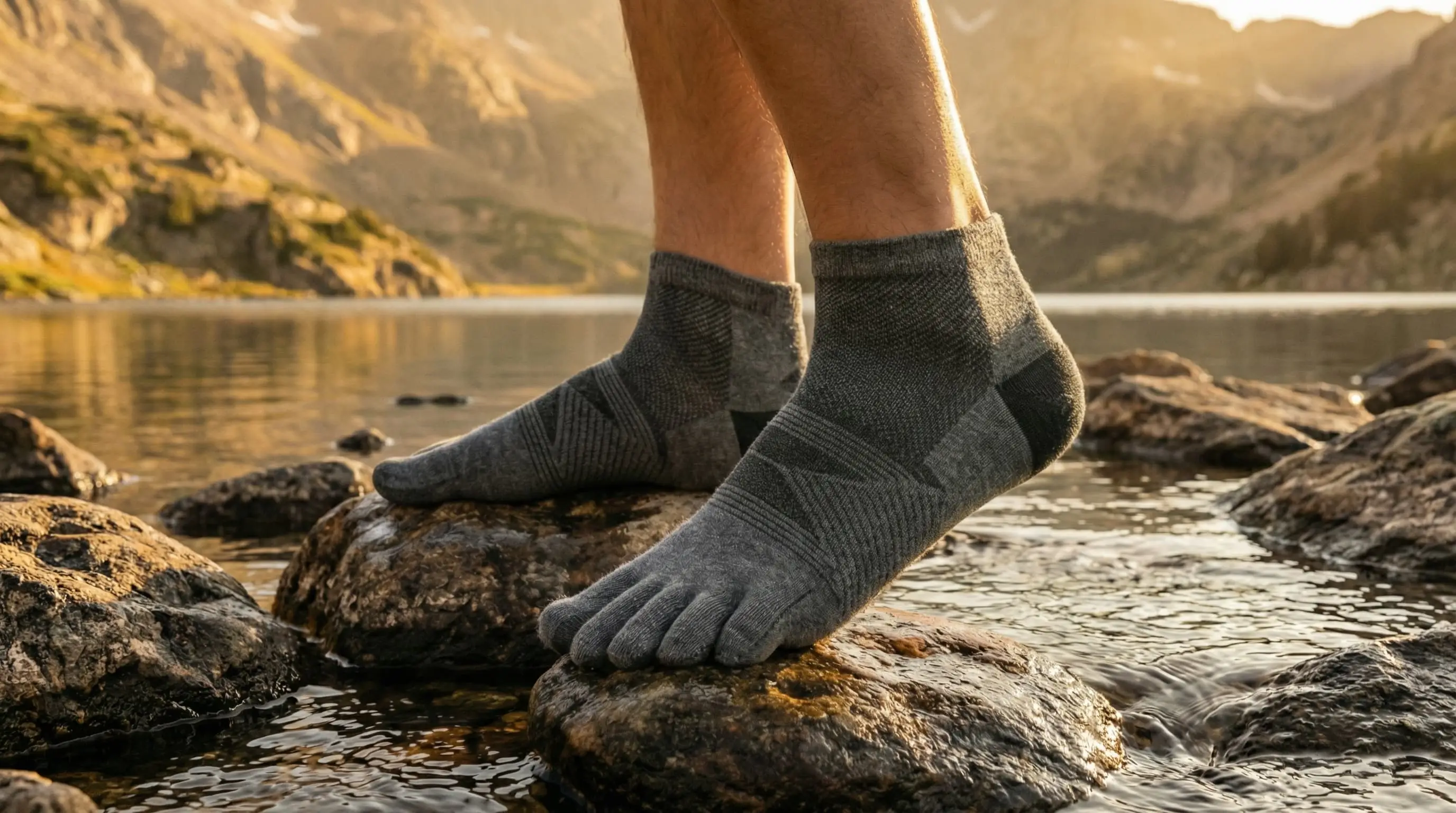 Grey merino toe socks standing on rocks at the edge of a mountain lake