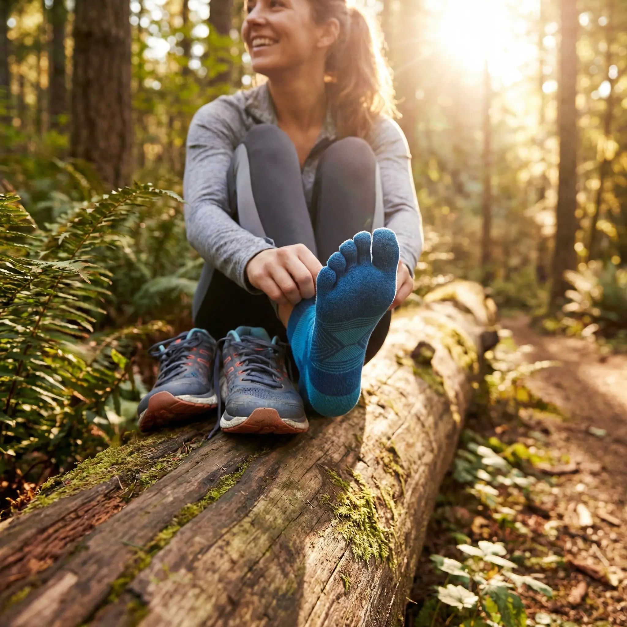 A hiker sitting on a log in the forest, pulling on blue merino toe socks (Colorado Sock Co. on Amazon)