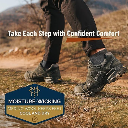 Person wearing hiking shoes on a trail with text about moisture-wicking and merino wool.