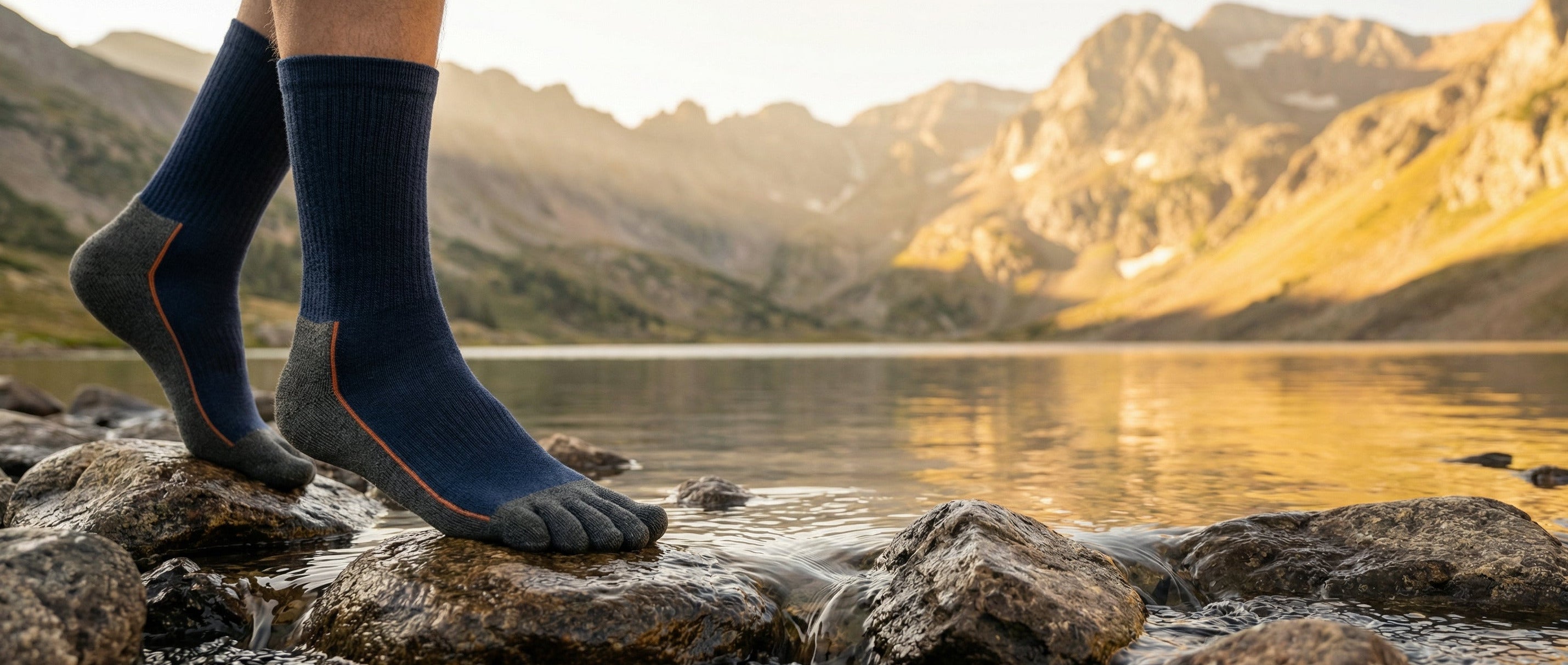A person wearing dark blue and gray five-toed hiking socks stands on rocks by a mountain lake at sunset. The socks have orange stitching details, and a circular Guarnac logo is visible in the top right corner.